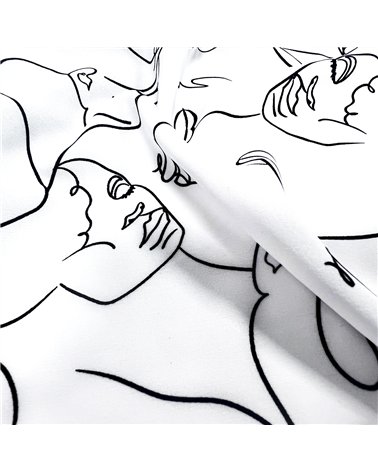 Tissu super soft stretch imprimé visage noir sur fond blanc 150cm au mètre