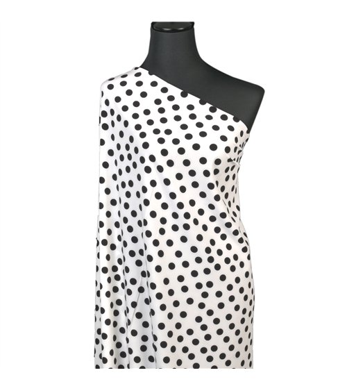 Tissu super soft stretch imprimé pois noirs sur fonds blanc 150cm au mètre