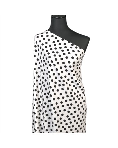 Super soft stretch fabric printed with black polka dots on white background 150cm per meter