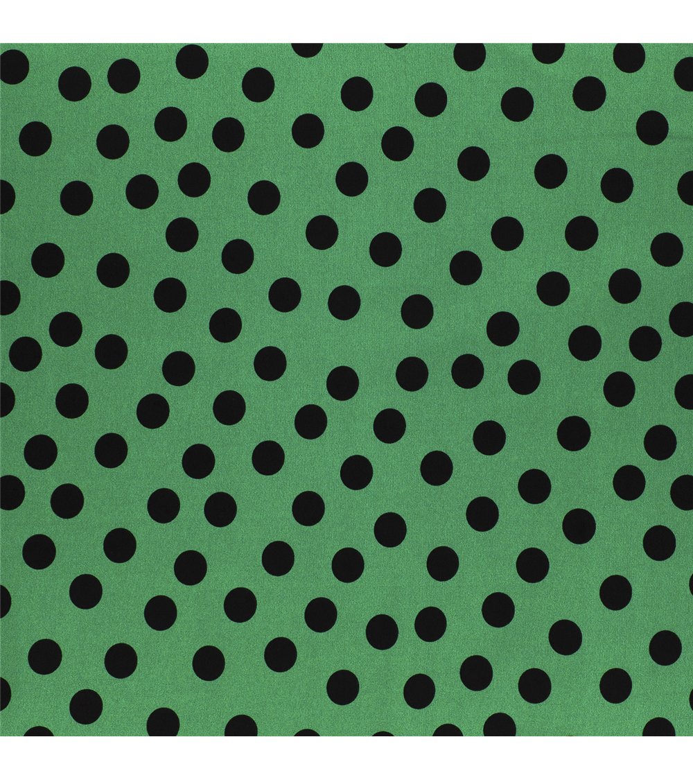 Tissu super soft stretch imprimé pois noirs sur fonds vert 150cm au mètre