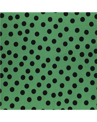 Tela elástica súper suave estampada de lunares negros sobre fondo verde 150 cm por metro