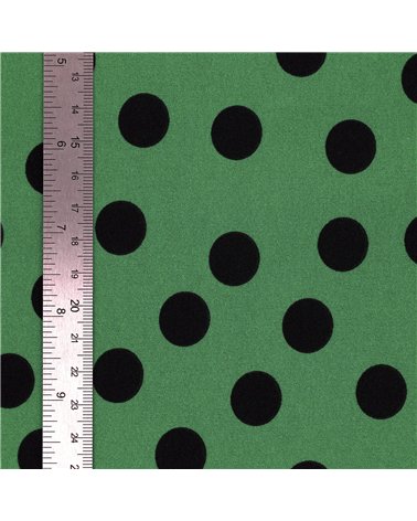 Tissu super soft stretch imprimé pois noirs sur fonds vert 150cm au mètre