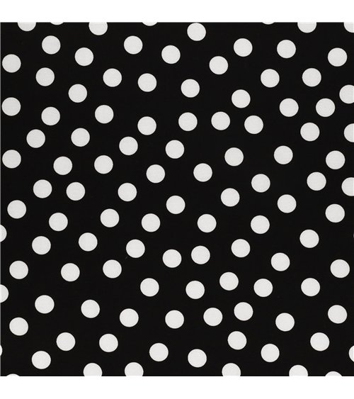 Tela elástica súper suave estampada con lunares blancos sobre fondo negro 150 cm por metro