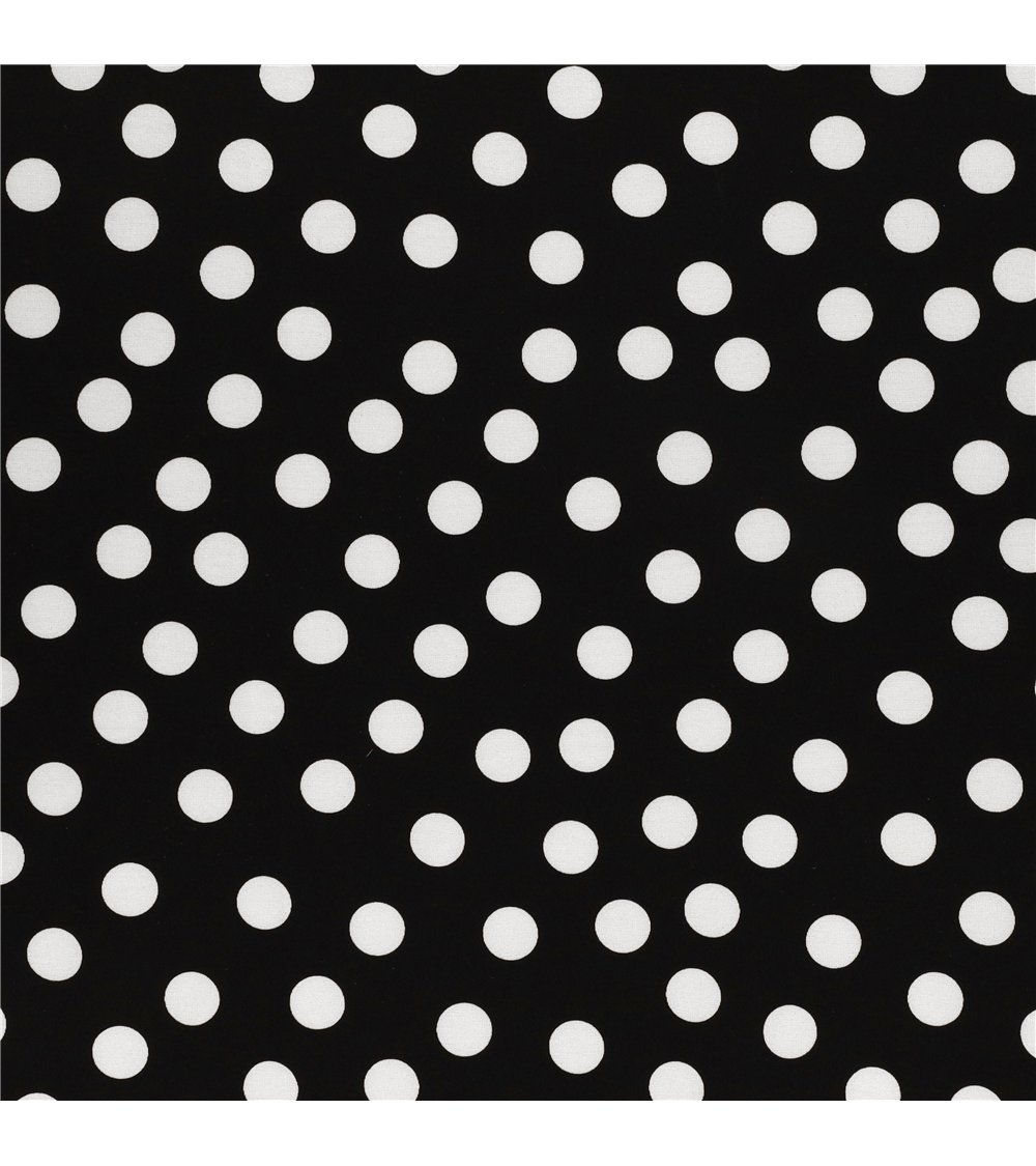 Tela elástica súper suave estampada con lunares blancos sobre fondo negro 150 cm por metro