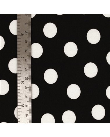 Tissu super soft stretch imprimé pois blancs sur fonds noir 150cm au mètre
