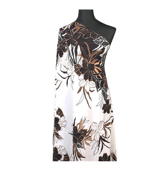 Tessuto elasticizzato super morbido stampato con fiori marroni su fondo beige 150 cm al metro