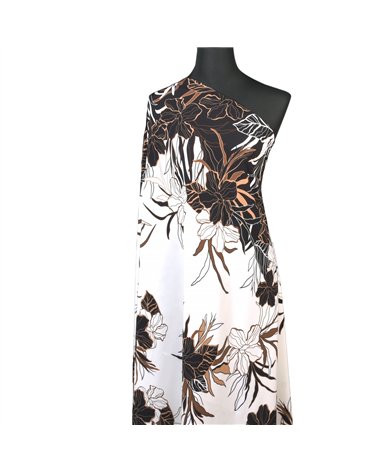 Superweicher Stretchstoff, bedruckt mit braunen Blumen auf beigem Hintergrund, 150 cm pro Meter