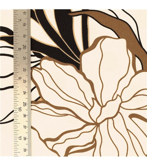Tela elástica súper suave estampada con flores marrones sobre fondo beige 150cm por metro