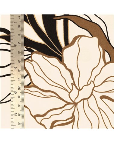 Tessuto elasticizzato super morbido stampato con fiori marroni su fondo beige 150 cm al metro