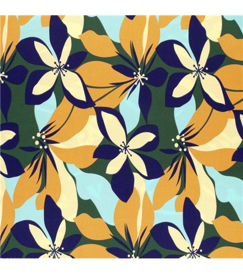 Super soft stretch fabric printed with colorful blue and mustard flowers 150cm per meter