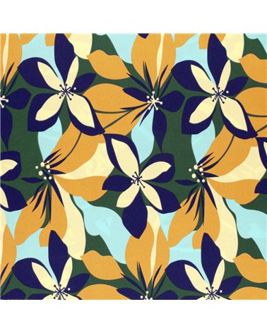 Tessuto elasticizzato super morbido stampato con fiori colorati blu e senape 150 cm al metro