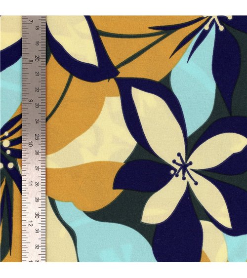 Tessuto elasticizzato super morbido stampato con fiori colorati blu e senape 150 cm al metro