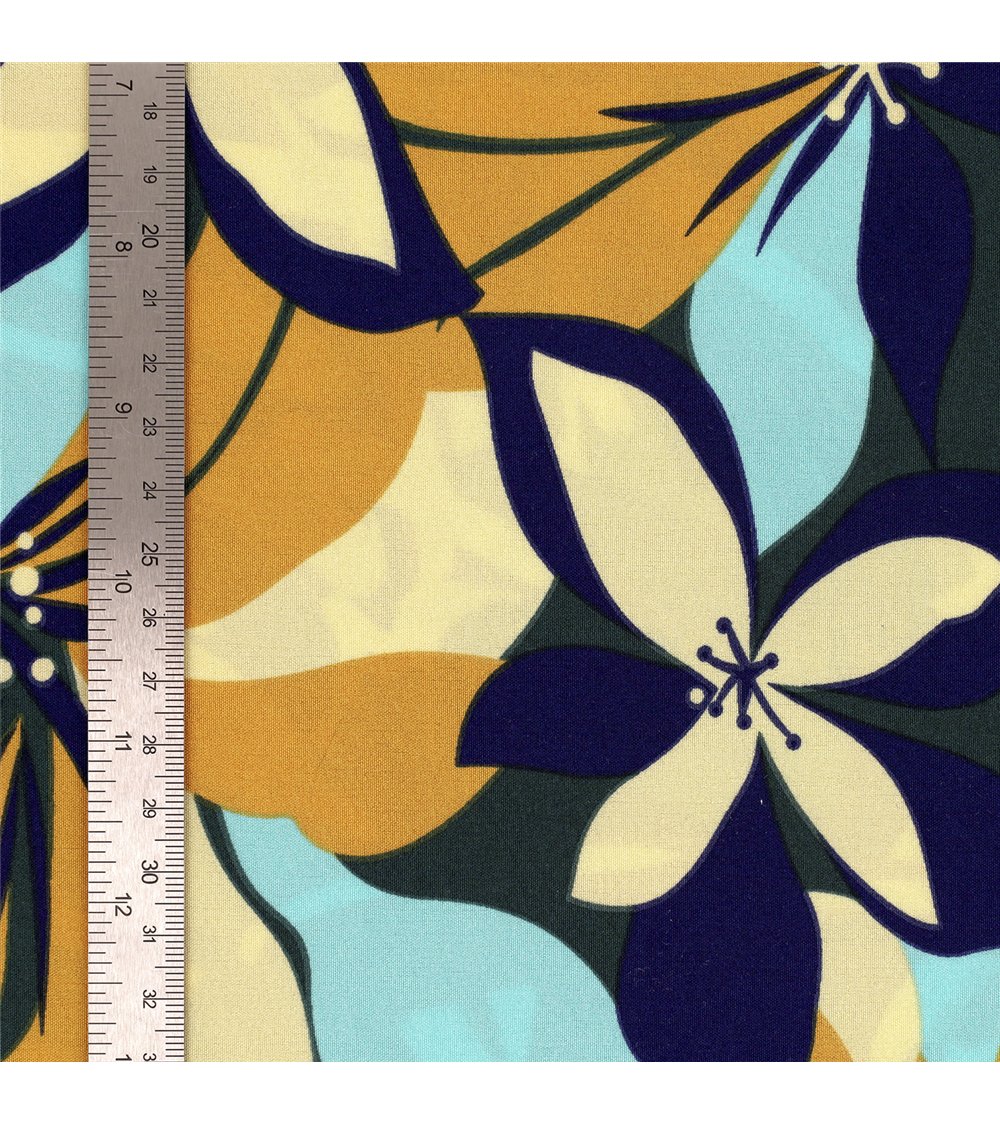 Superweicher Stretchstoff, bedruckt mit bunten blauen und senffarbenen Blumen, 150 cm pro Meter