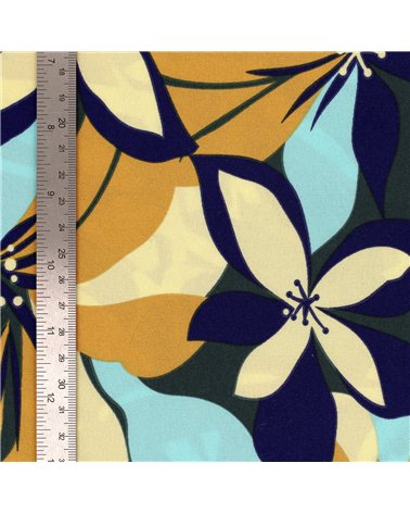 Super soft stretch fabric printed with colorful blue and mustard flowers 150cm per meter