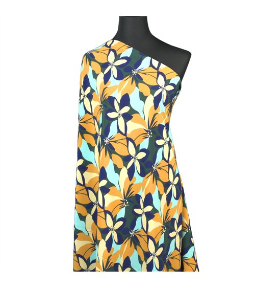 Superweicher Stretchstoff, bedruckt mit bunten blauen und senffarbenen Blumen, 150 cm pro Meter