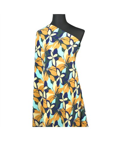 Superweicher Stretchstoff, bedruckt mit bunten blauen und senffarbenen Blumen, 150 cm pro Meter