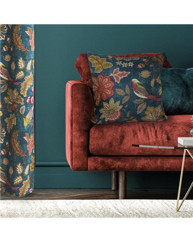 Petrolblauer Elisabeth-Stoff mit Blumendruck, 150 cm pro Meter