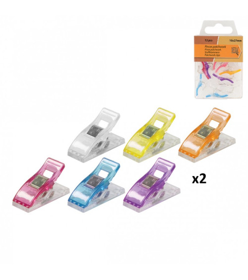 Set of 12 multi-colored patchwork fabric clips 2.7x1cm