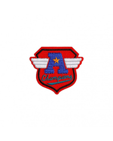 Iron-on sports crest badge 2.5cm x 3cm champions