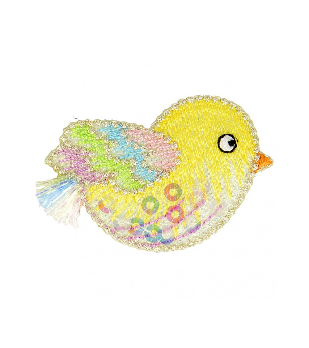 Ecusson thermocollant à sequins poussin multicolore 4 cm x 5 cm