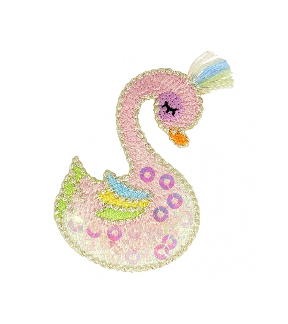 Ecusson thermocollant à sequins cygne multicolore 4,5 cm x 6 cm Ecusson thermocollant à sequins cygne multicolore 4,5 cm x 6 cm