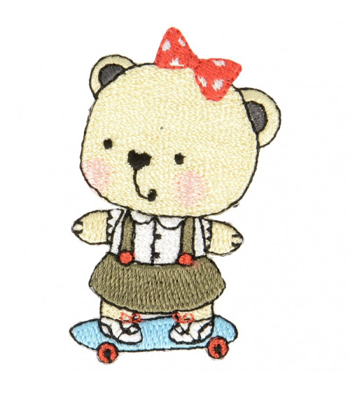 Teddy bear girl skate iron-on patch 4.5 cm x 3 cm