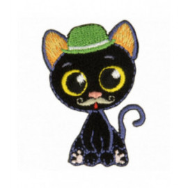 Ecusson thermocollant chat aux gros yeux chapeau vert 5 cm x 3,5 cm
