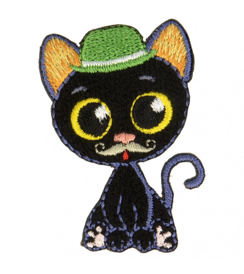 Ecusson thermocollant chat aux gros yeux chapeau vert 5 cm x 3,5 cm