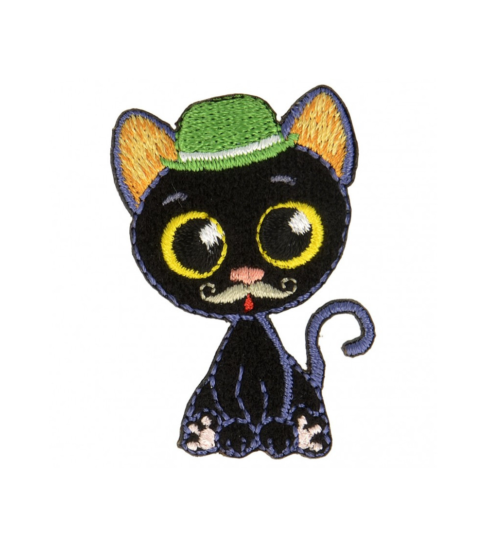 Ecusson thermocollant chat aux gros yeux chapeau vert 5 cm x 3,5 cm