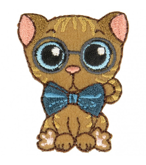 Ecusson thermocollant chat aux gros yeux nœud papillon bleu 5 cm x 3,5 cm