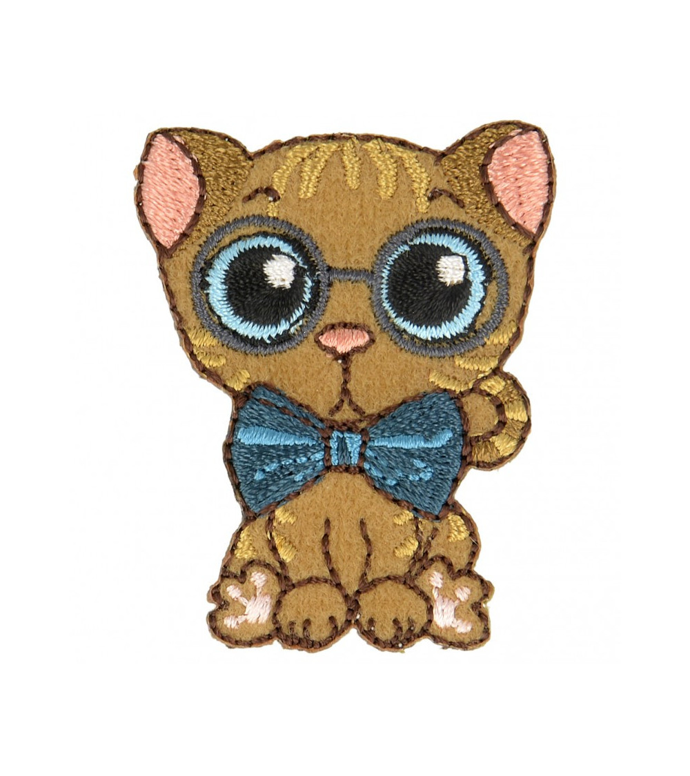 Ecusson thermocollant chat aux gros yeux nœud papillon bleu 5 cm x 3,5 cm