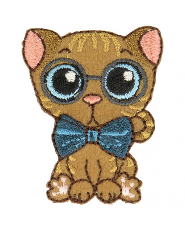 Iron-on patch cat with big eyes blue bow tie 5 cm x 3.5 cm