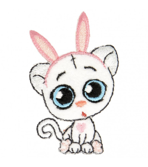 Iron-on patch cat with big eyes rabbit ears 5 cm x 3.5 cm