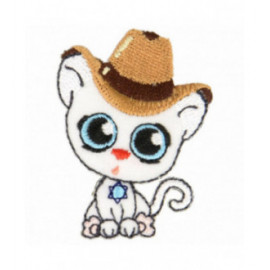 Ecusson thermocollant chat aux gros yeux chapeau beige 5 cm x 3,5 cm