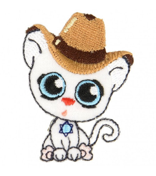 Ecusson thermocollant chat aux gros yeux chapeau beige 5 cm x 3,5 cm