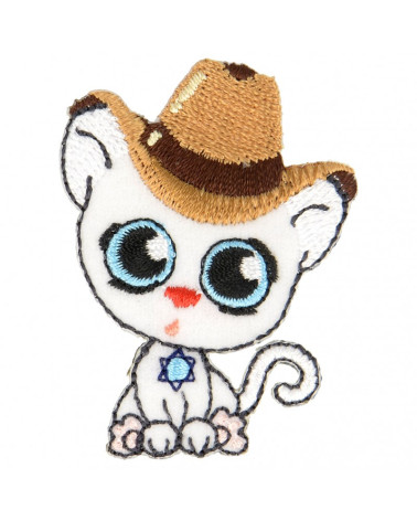 Iron-on patch cat with big eyes beige hat 5 cm x 3.5 cm