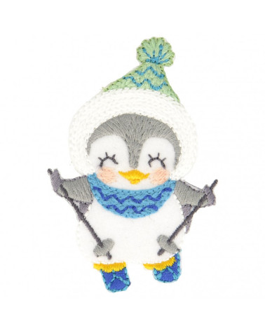 Iron-on patch sparrow on ski 5.5 cm x 4 cm