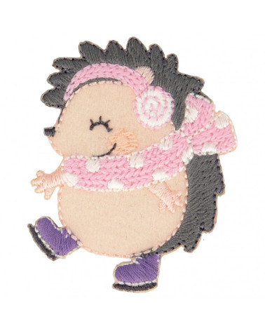 Hedgehog iron-on patch with pink scarf and ice skates 5.5 cm x 4 cm