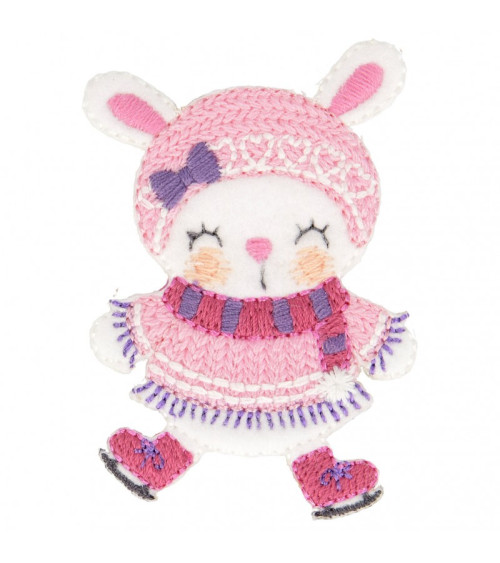 Ecusson thermocollant lapin en patins à glace 5,5 cm x 4 cm