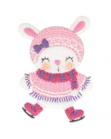 Rabbit iron-on patch on ice skates 5.5 cm x 4 cm