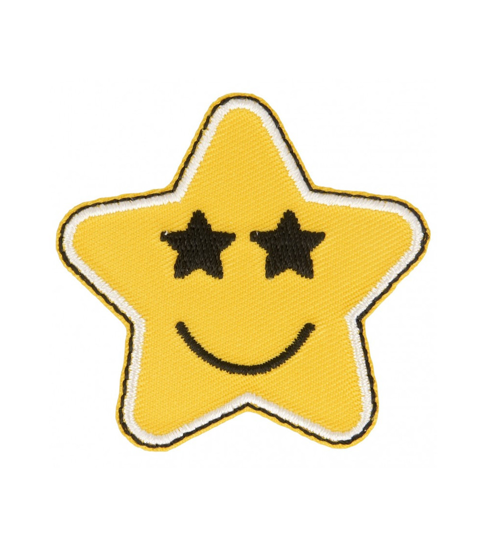Ecusson Thermocollant Etoile Jaune Sourire Et Etoiles Dans Les Yeux5 Cm X 5 Cm Mymercerie Com Vente En Ligne D Articles De Mercerie