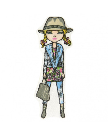 Iron-on patch young blonde woman in hat 6.5 cm x 2 cm