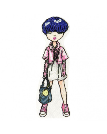Iron-on badge young woman blue hair 6.5 cm x 2 cm