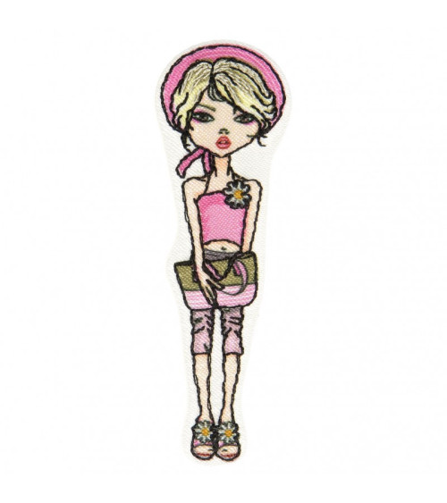 Ecusson thermocollant jeune femme blonde à béret rose 6,5 cm x 2 cm