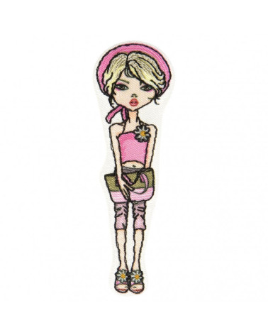 Parche termoadhesivo joven rubia con boina rosa 6,5 cm x 2 cm