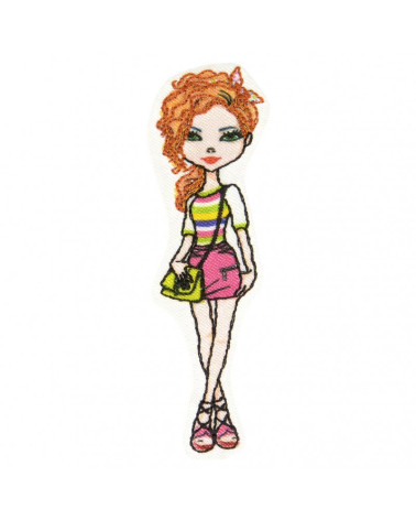 Iron-on patch young redhead woman mini yellow bag 6.5 cm x 2 cm