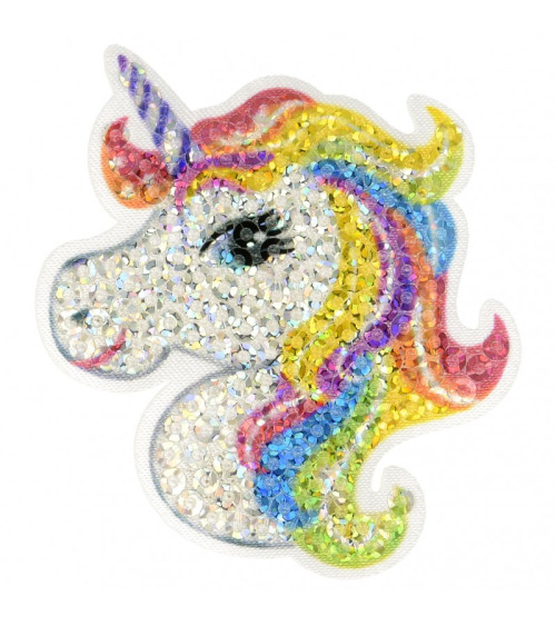 Ecusson thermocollant à sequins licorne arc en ciel 6 cm x 5,5 cm