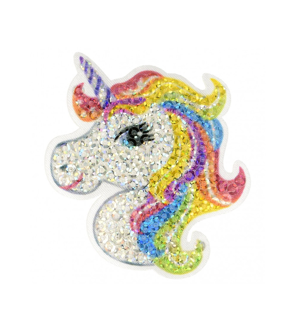 Ecusson thermocollant à sequins licorne arc en ciel 6 cm x 5,5 cm