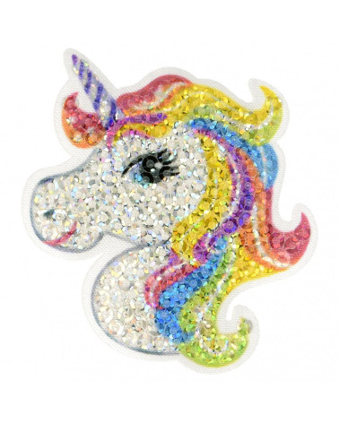 Ecusson thermocollant à sequins licorne arc en ciel 6 cm x 5,5 cm