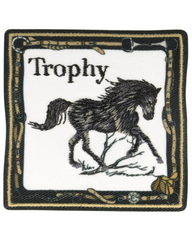 Black horse trophy iron-on patch 6 cm x 6 cm